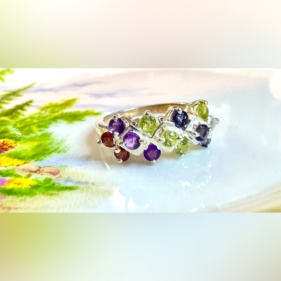 Tanzanite|Topaz|Peridot|Amethyst|Garnet Sterling Silver Cluster Ring - Picture 7 of 8